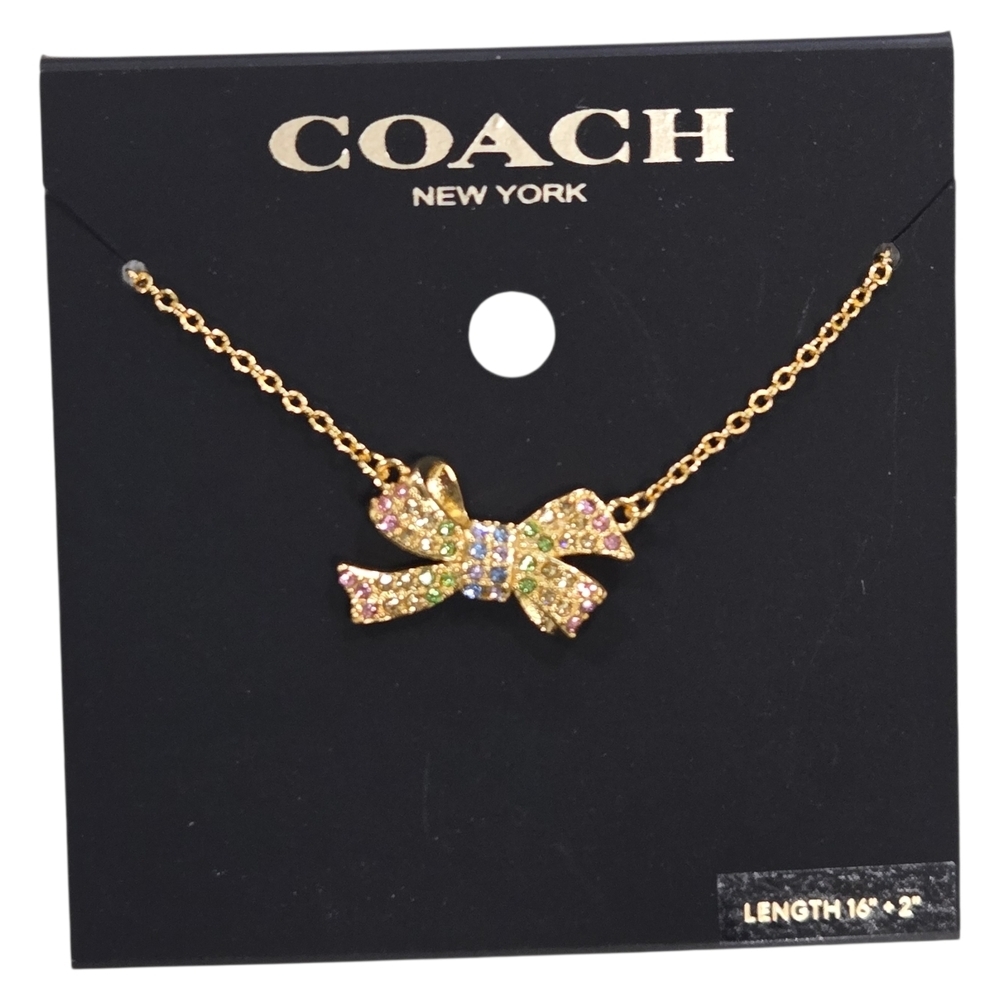 COACH Bow Pendant Necklace, Gold Toned With Multicolor Stones 16" NWT
